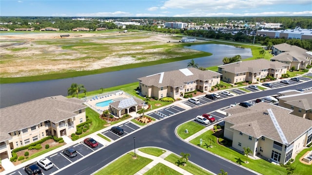 aerial view featuring a water view