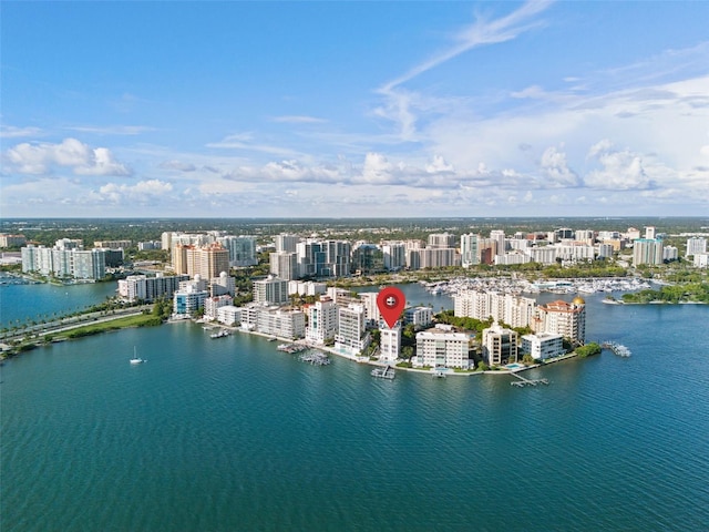 drone / aerial view with a water view