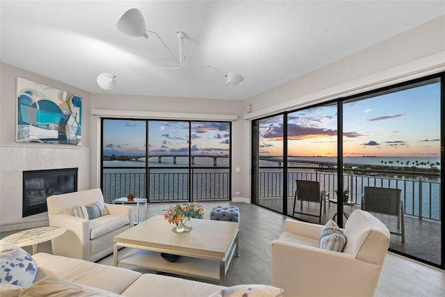 living room featuring a water view and light wood-type flooring