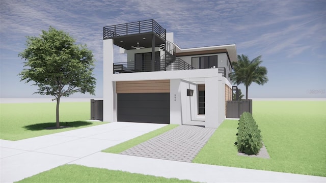 contemporary house with a garage, a balcony, and a front lawn