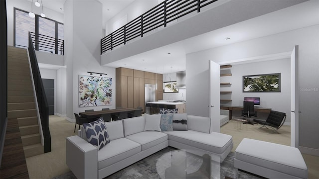 living room with a high ceiling