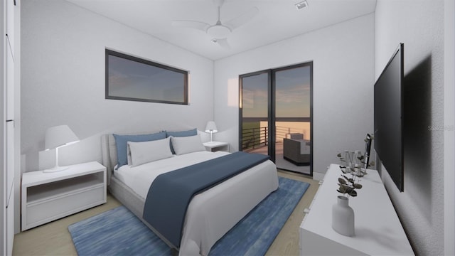 bedroom featuring access to outside, hardwood / wood-style flooring, and ceiling fan