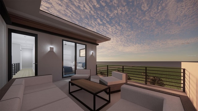 patio terrace at dusk with outdoor lounge area and a balcony