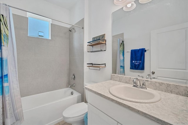 full bathroom featuring vanity, toilet, and shower / bathtub combination with curtain