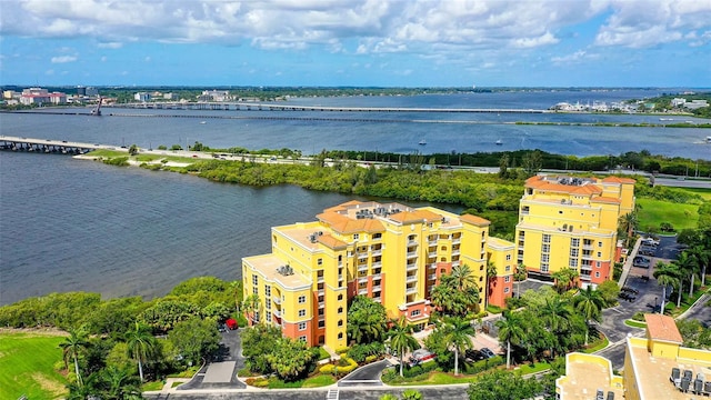 drone / aerial view with a water view