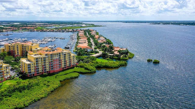 drone / aerial view featuring a water view