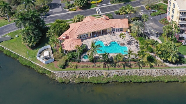 drone / aerial view featuring a water view