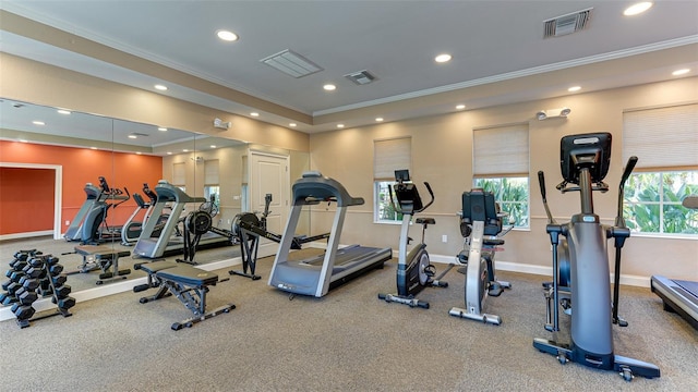 gym featuring crown molding and a healthy amount of sunlight