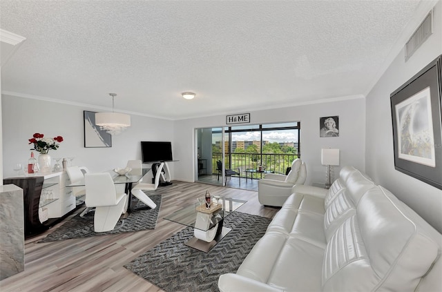 living room with a textured ceiling, light hardwood / wood-style flooring, and ornamental molding