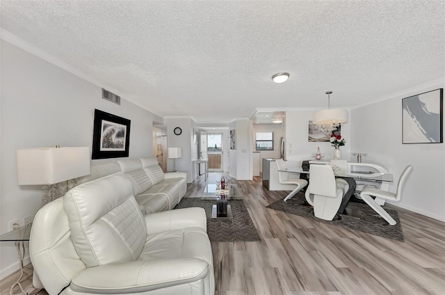 living room featuring a textured ceiling, ornamental molding, and light hardwood / wood-style floors