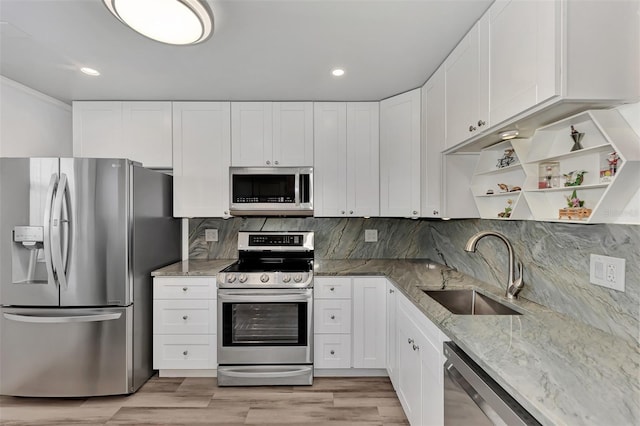 kitchen with white cabinets, appliances with stainless steel finishes, and sink