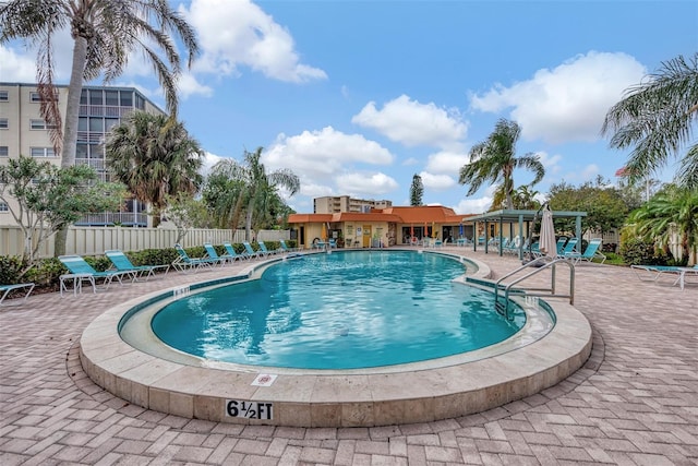 view of swimming pool featuring a patio