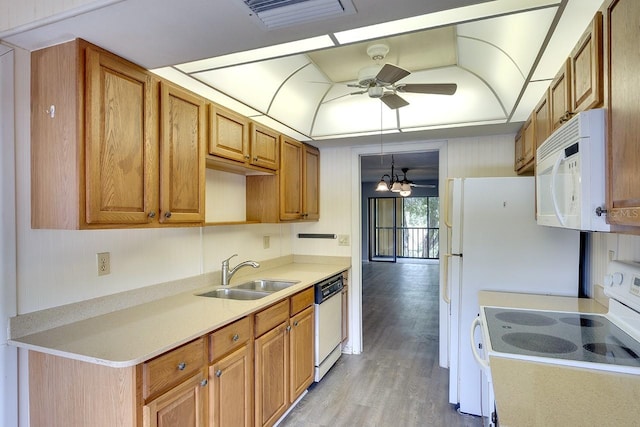 kitchen featuring white appliances, hardwood / wood-style flooring, pendant lighting, sink, and ceiling fan