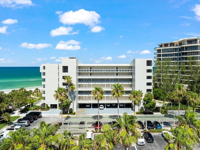 view of building exterior with a water view