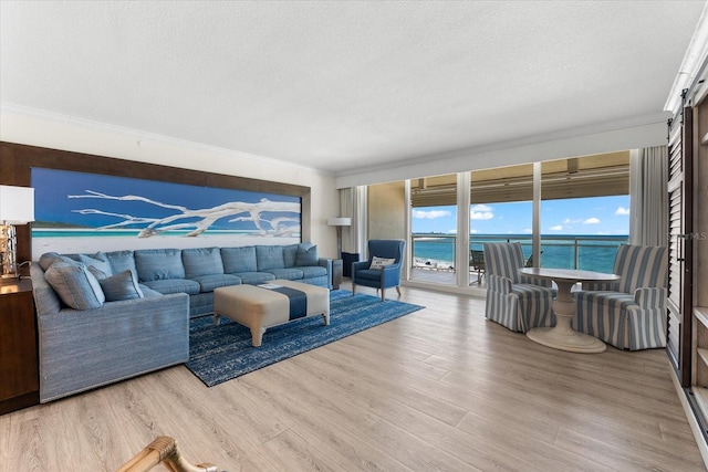 living room with crown molding, a water view, a textured ceiling, and light wood-type flooring