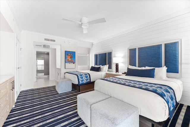 bedroom with ceiling fan and crown molding