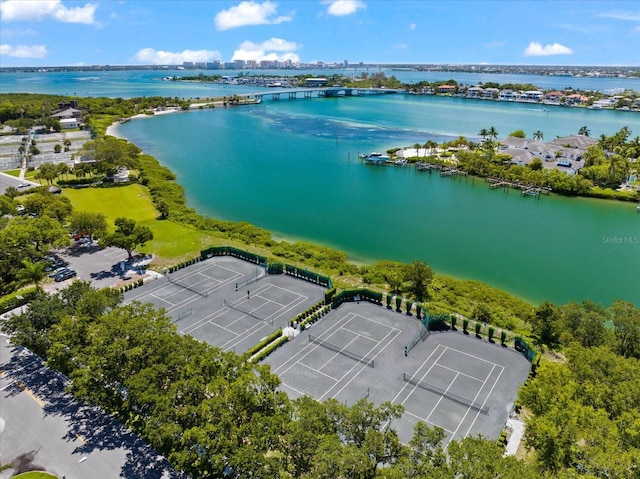 bird's eye view with a water view