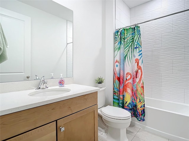 full bathroom featuring tile patterned flooring, vanity, shower / tub combo with curtain, and toilet