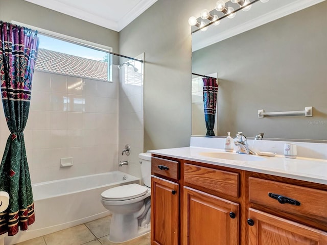 full bathroom with toilet, vanity, tile patterned flooring, shower / bath combo, and crown molding