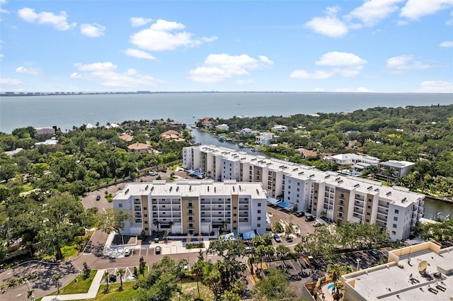 drone / aerial view with a water view