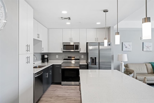 kitchen featuring visible vents, light wood-style flooring, a sink, white cabinets, and appliances with stainless steel finishes