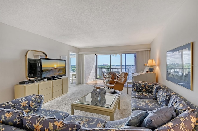 living room with light carpet and a textured ceiling