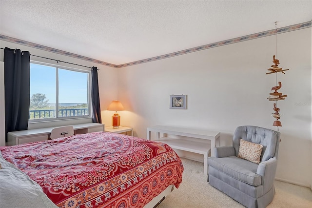 carpeted bedroom with a textured ceiling