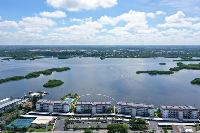 drone / aerial view featuring a water view