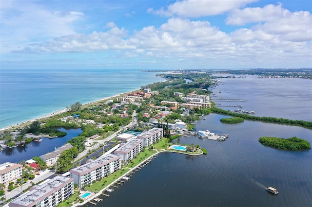 drone / aerial view with a water view