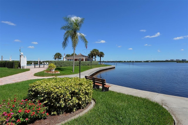 view of property's community with a water view and a yard