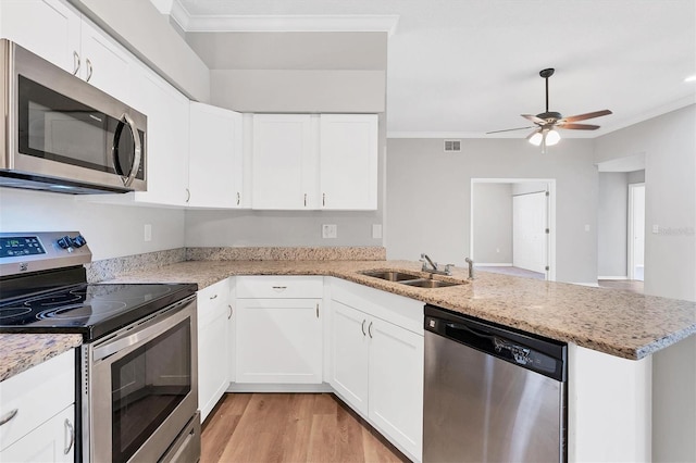 kitchen featuring kitchen peninsula, white cabinetry, sink, and appliances with stainless steel finishes