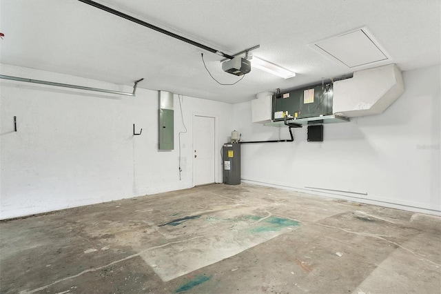 garage featuring a garage door opener, electric panel, and water heater