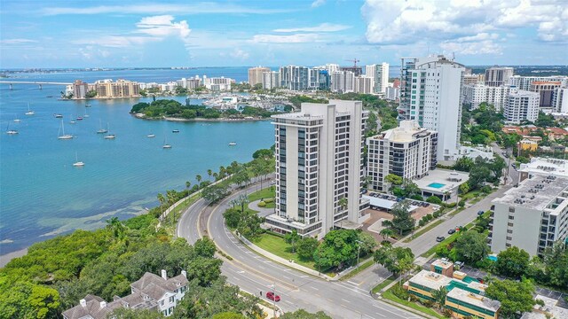 drone / aerial view with a water view