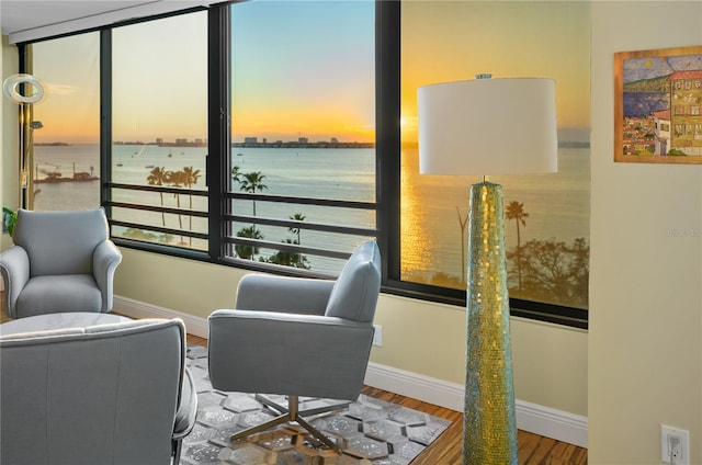 sitting room featuring a water view and hardwood / wood-style flooring