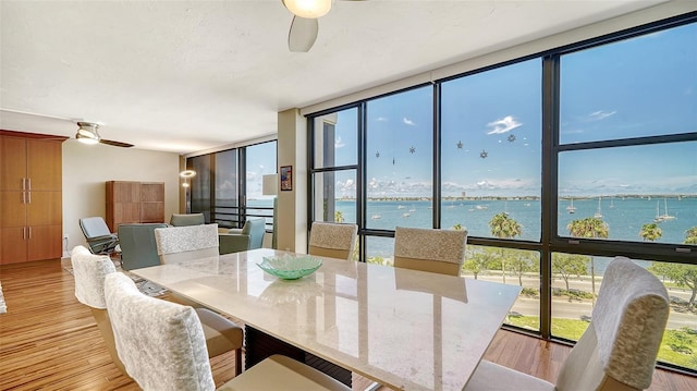 dining space featuring a water view, light hardwood / wood-style flooring, floor to ceiling windows, and a healthy amount of sunlight