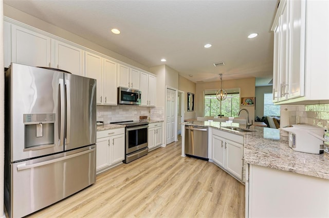 kitchen with appliances with stainless steel finishes, tasteful backsplash, sink, pendant lighting, and white cabinetry