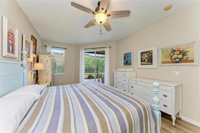 bedroom with ceiling fan, access to exterior, and light wood-type flooring