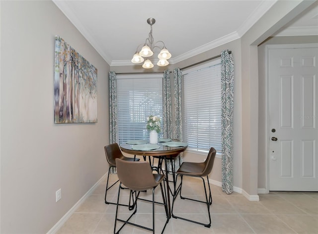 tiled dining room with an inviting chandelier and ornamental molding