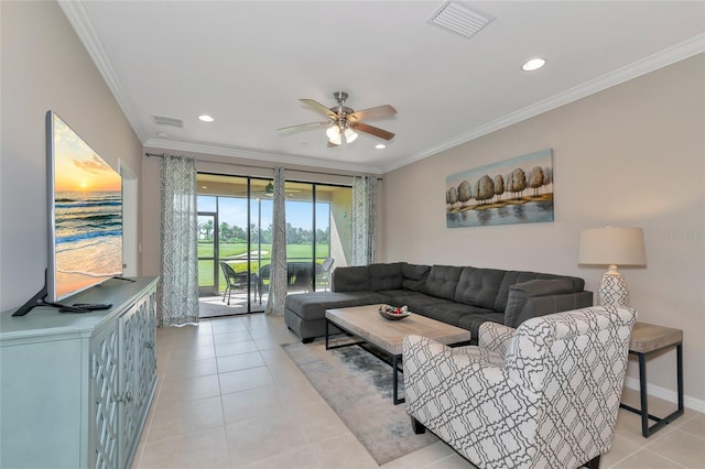 tiled living room with ceiling fan and ornamental molding