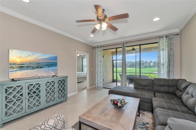 living room with crown molding, light tile patterned floors, and ceiling fan