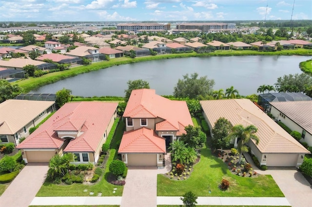 bird's eye view with a water view