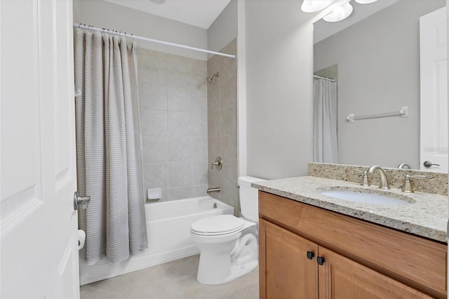 full bathroom with toilet, shower / tub combo, vanity, and tile patterned floors