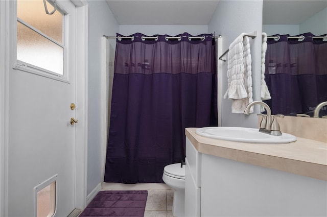 bathroom with toilet, a shower with shower curtain, vanity, and tile patterned floors