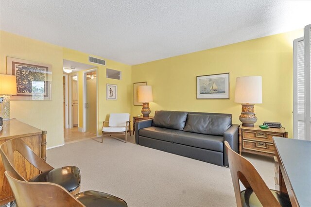 living room with carpet flooring and a textured ceiling