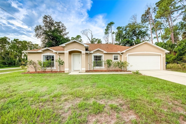 ranch-style home with a garage and a front yard