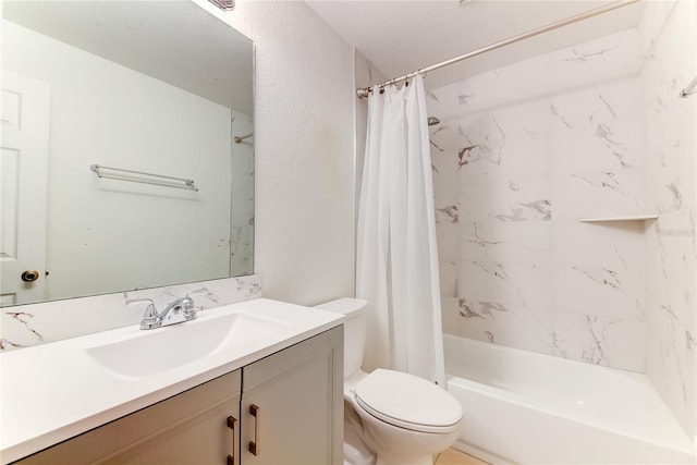 full bathroom with shower / tub combo, vanity, and toilet