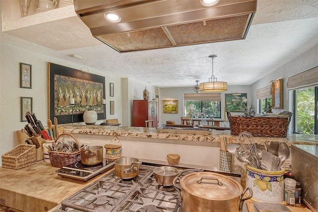 kitchen with ceiling fan, a textured ceiling, exhaust hood, and built in refrigerator