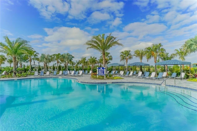 view of swimming pool featuring a gazebo