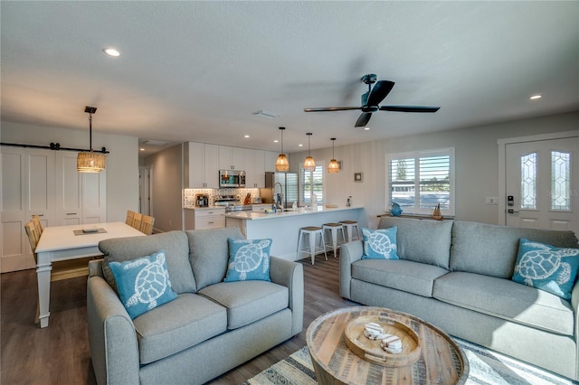 living room with dark hardwood / wood-style floors, ceiling fan, a barn door, and sink