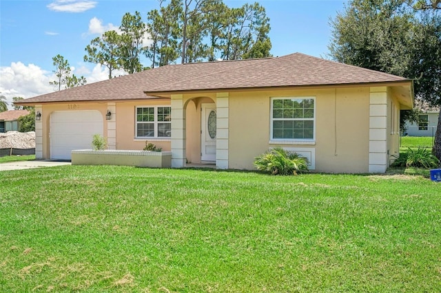 ranch-style house with a front yard and a garage